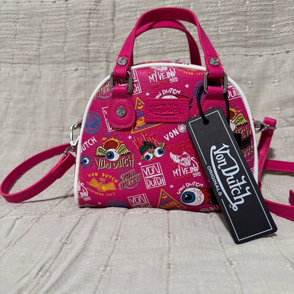 Von Dutch Hot Pink Jax Mini Bowling Bag Graphic Print Crossbody Barbiecore‎ Y2K